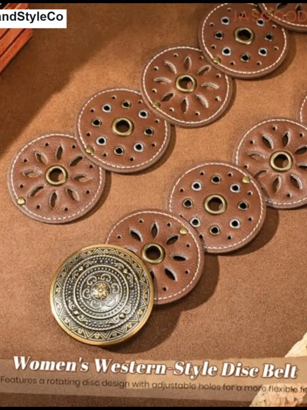 Women's Western Cowgirl PU Leather Disc Belt with Rotating Discs, Boho Concho
